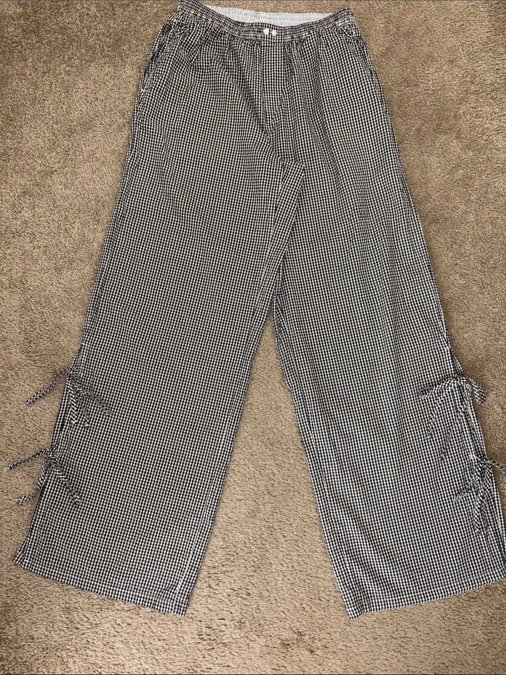 aerie Black & White Gingham Wide-Leg Pants with Tie Details Size XS